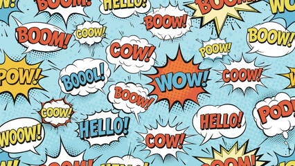 Dynamic comic book pattern filled with various speech bubbles containing onomatopoeia like boom pow wow and hello.