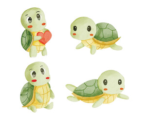 Cute Turtle Cartoon Watercolor Illustration