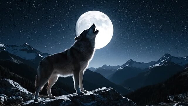 Lone wolf howls at full moon over mountain range silhouette