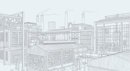 An industrial city factory landscape illustration representing heavy manufacturing facilities with multiple production buildings, pipelines, chimneys, and smoke stacks, designed to visually communicat