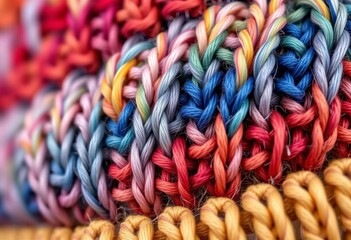 Close-up of a chunky knit wool beanie cap, various colors displayed,  multicolor,  headwear