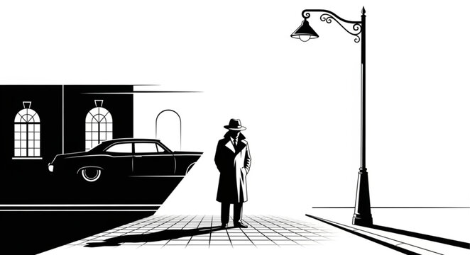 Detective standing under a street lamp at night.