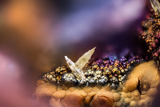 Mimetite on iridescent Goethite. Specimen from Ard&egrave;che, France. Micro photography extreme close-up. microscope mineral crystal photography for Scientific use.