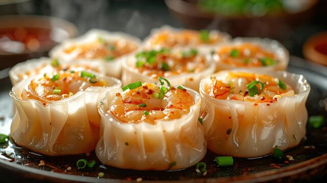 Close-up of steamed dumplings with visible fillings, greens, and sauce