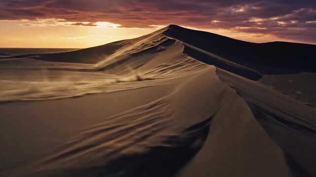 Dramatic Sunset Over Winding Desert Dunes with Wind-Blown Sand and Hazy Atmosphere, Capturing the Vastness and Serenity of the Arid Landscape