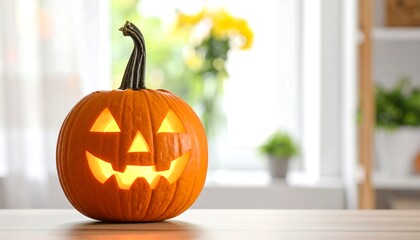 A glowing jack-o-lantern sits on a wooden table in front of a window.