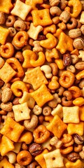 Fototapeta premium Crunchy, savory snack mix with pretzels, nuts, and cheese crackers for satisfying hunger, cheese, nuts