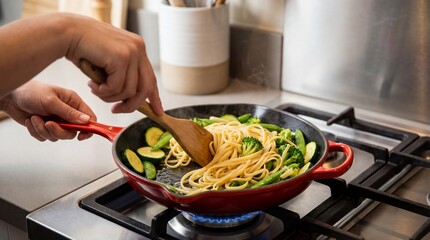 Cooking pasta with fresh vegetables in frying pan on gas stove during healthy home meal preparation