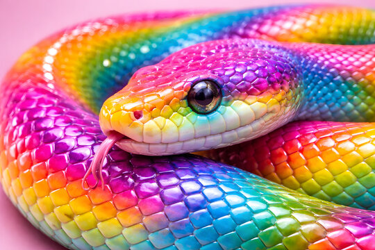 Vibrant rainbow colored snake coiled on pink background looking forward