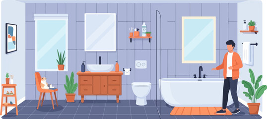 Obraz na płótnie Canvas Modern bathroom scene with a person, pets, plants, and a bathtub
