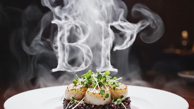 Seared scallops on smoked black rice with microgreens in a modern restaurant