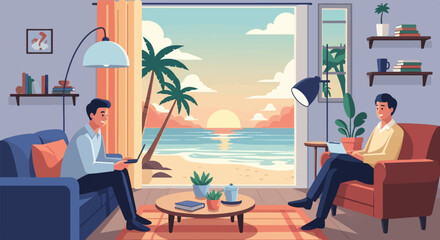 Fototapeta premium Men working remotely from home with a beach sunset view