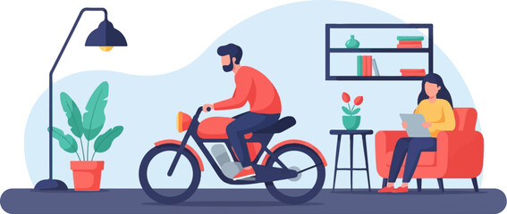 Fototapeta premium Man rides motorbike indoors while woman reads on armchair