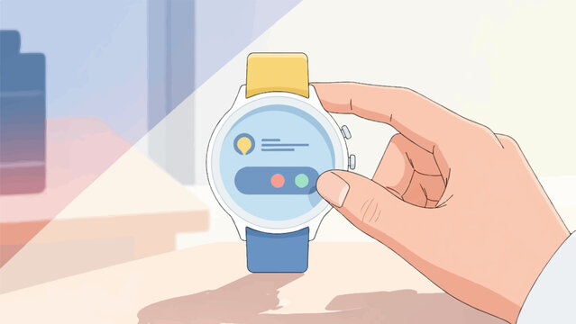 Hand interacting with a smartwatch displaying notifications and options on its screen