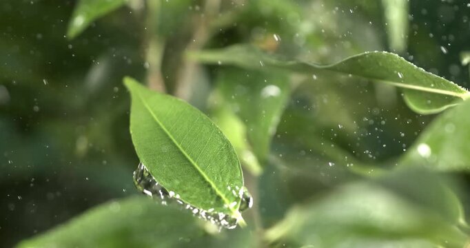 Close up of raindrops in super slow motion. Rain drips on the green leaves of the plant. Shot on super slow motion camera 1600 fps.