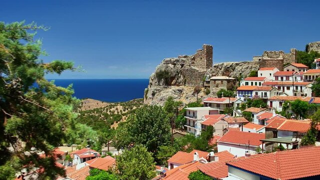 Revealing View of Chora Medieval Village on Samothraki Island Greece