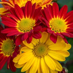 A close-up shot of a bouquet, showcasing vibrant red and yellow daisy-like flowers with textured petals and bright centers
