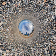 sphere inside overlooking multi-storey buildings of skyscrapers of residential complex, urban development. Transformation of spherical 360 panorama in abstract aerial view.