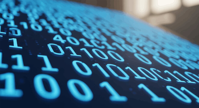 Glowing blue binary code flows across a dark digital landscape