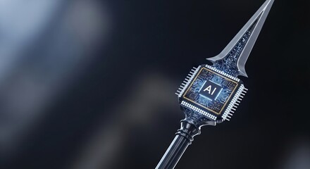 Futuristic Spear Formed from AI Chip with Copy Space Symbolizing Technological Edge, Power, and Innovation