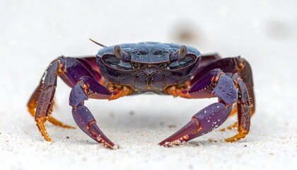Close-up of a purple and orange crab on a sandy beach.