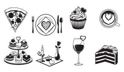 Valentine's Day Food Icons: Pizza, Desserts, Coffee, Wine, Candlelight Vector Silhouette