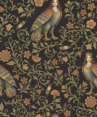 The Bird Lady Sirin of Slavic Mythology in a Flower Garden Pattern