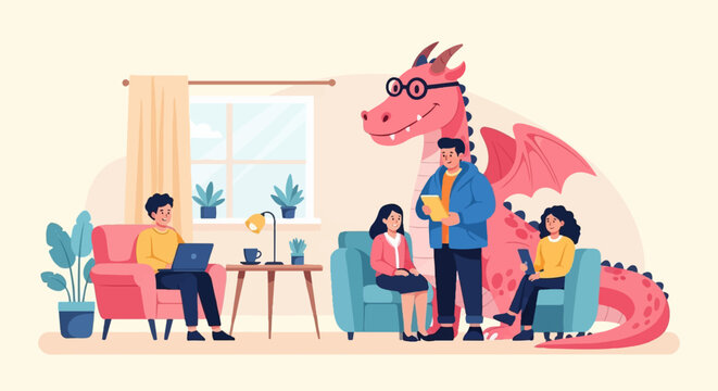 Friendly dragon in glasses observes people working and relaxing indoors