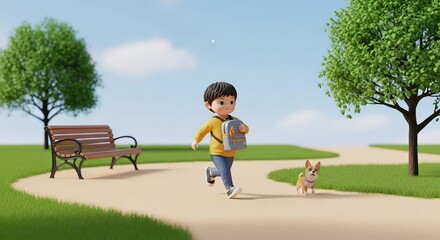 Boy trekking with a small puppy on park pathways