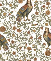 The Bird Lady Sirin of Slavic Mythology in a Flower Garden Pattern