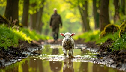 A lone lamb walks through a muddy forest path with a person in the background.