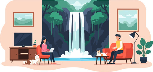 Obraz na płótnie Canvas Indoor jungle retreat couple with pets enjoys waterfall view from home