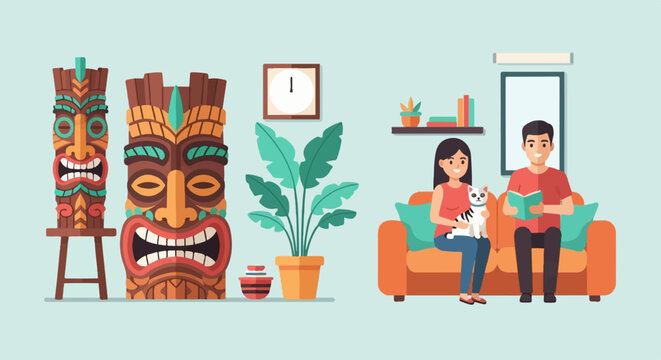 Interior scene with tiki masks, plant, people, and cat on sofa