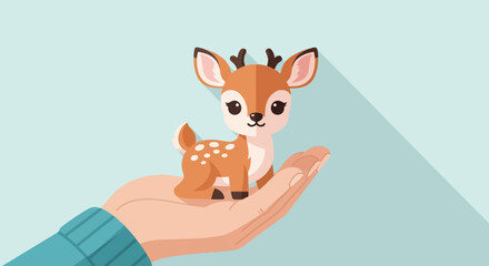 Obraz premium Gentle hand holds cute fawn against a soft blue backdrop