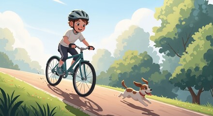 Boy racing down a slope on a bicycle with a small dog running alongside