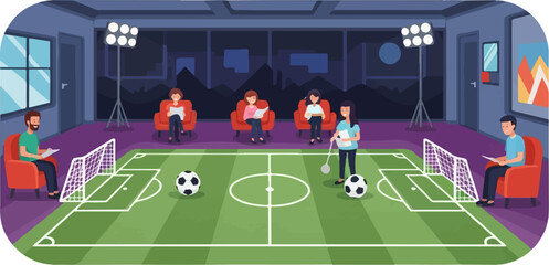 Indoor soccer field simulation with observers in seats, under studio lights