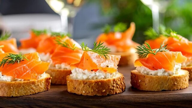 Appetizing smoked salmon and cream cheese canap&eacute;s topped with fresh dill