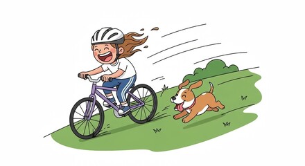 Illustration of a girl riding a bicycle down a hill in a helmet with her small dog running alongside