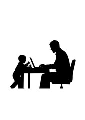 Remote Work and Family Balance Silhouette Parent Working with Child Vector Illustration