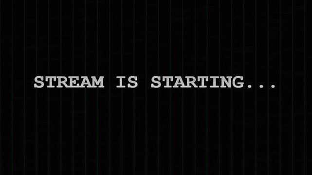 "Stream Starting" retro glitch text animation. Distorted white digital typography with static noise.