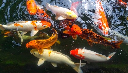 A vibrant school of colorful Koi fish swimming gracefully in clear water.