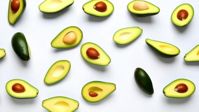 Scattered Halved Avocados and Whole Avocados on White Background Overhead View