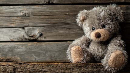 Obraz premium Fuzzy toy bear on rustic wooden background.