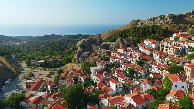 Aerial View of Chora Medieval Village on Samothraki Island Greece