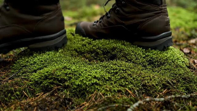 Close-up of a hiking boot stepping on soft green moss in a forest. Hiker walking on the natural ground during an outdoor adventure. Trekking footwear detail