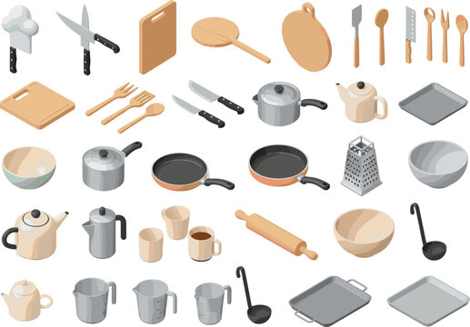 Professional Isometric Kitchenware Collection with Stainless Steel Pots Pans Wooden Cutting Boards Chef Knives and Essential Cooking Utensils for Culinary and Home Design Illustrations