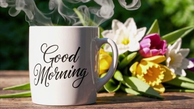 White coffee or tea mug with &ldquo;Good Morning&rdquo; text  hot steam rises and spring flowers on a rustic wooden table on a blurred nature background,4K