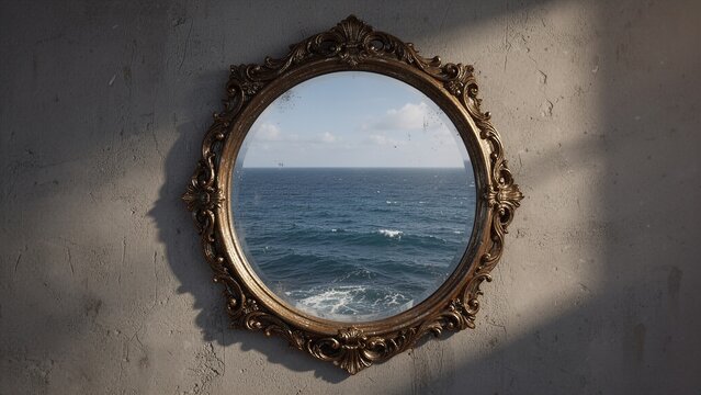 Ornate vintage round mirror on a concrete wall reflecting an endless blue ocean.