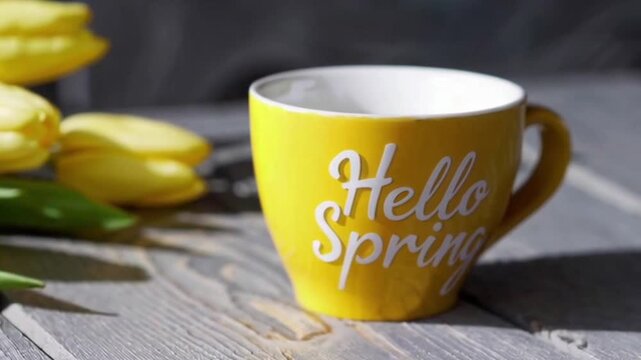 Yellow cup of hot drink with "Hello Spring" text and tulips flowers on a wooden table against blurred background. Spring season greeting card concept,4K.