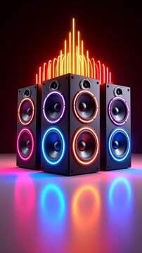 Group of illuminated speaker cabinets with vibrant neon lighting in a dark setting